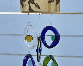 Horse Wind Chime | Equestrian Recycled Glass Suncatcher | Handmade Garden Décor | Rustic Wood Horse Art | Colorful Glass Wind Chime Gift