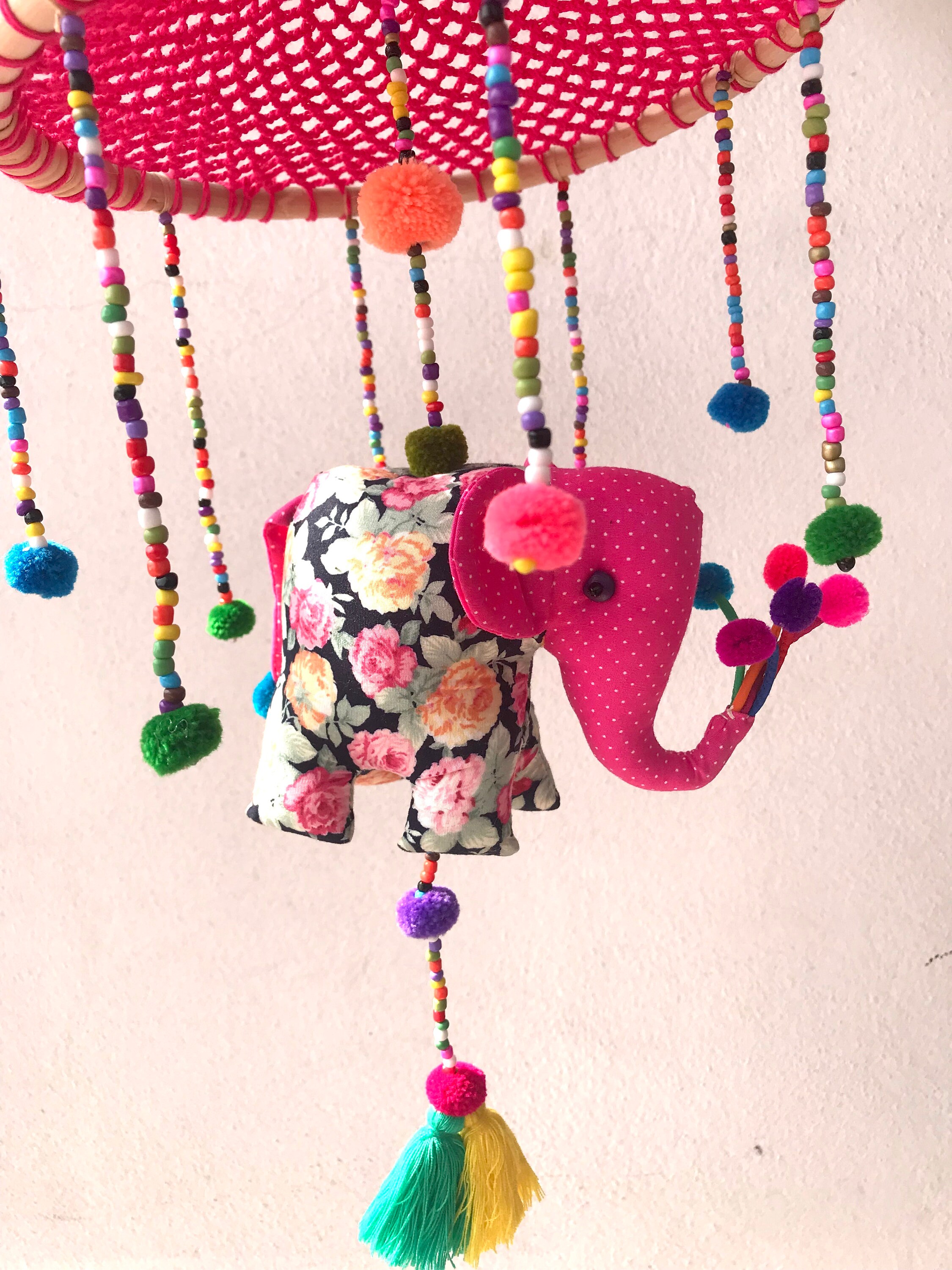 Pink Elephant Canopy Mobile, Baby Elephant Crib Mobile, Elephant Crochet Net, Pink Baby Canopy