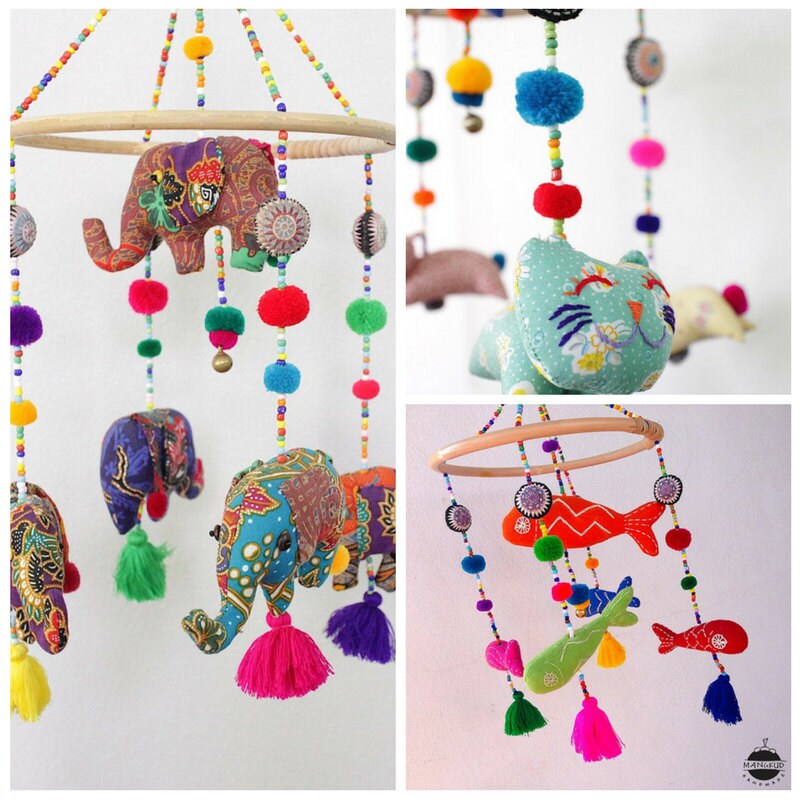 3 Sets Rattan Hanging Combo Baby Elephants Cats Fish Crib