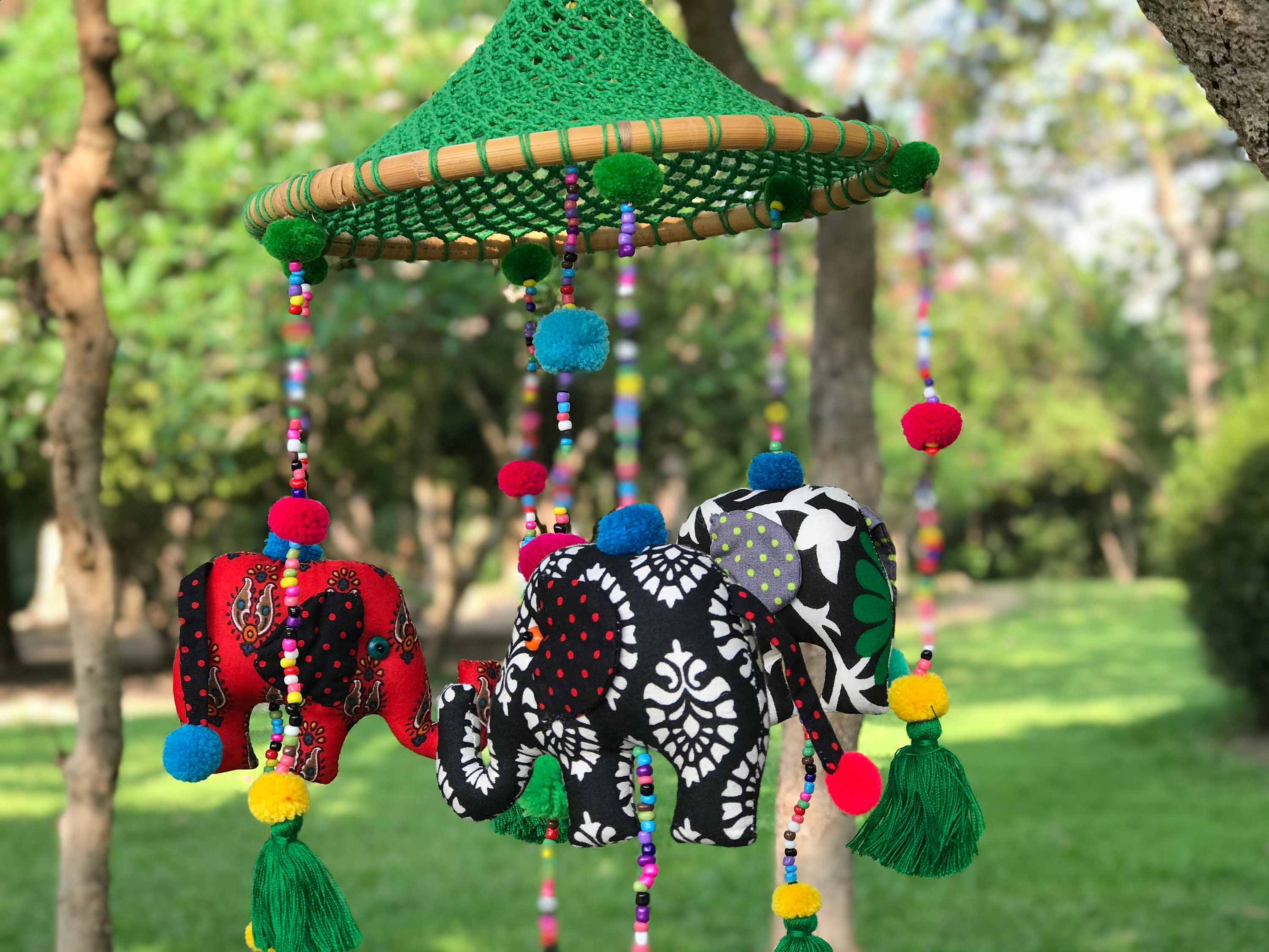 Green Canopy ELEPHANT Mobile, Green Baby Elephants Mobile, Elephant