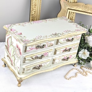 Jewelry Box Hand Painted, Girls Pink Green Paisley Jewelry Chest, Upcycled Jewelry Armoire,  Ladies Vintage Jewelry Box