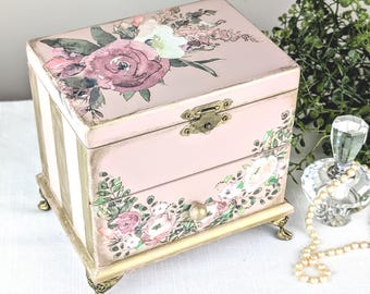 Tea Rose Jewelry Box, Pink Floral Armoire, Gold Accents