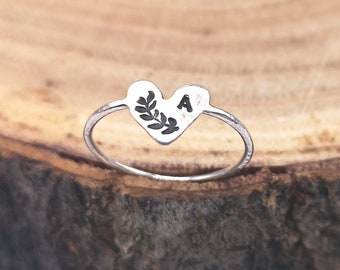 Silver Heart Custom Ring, Silver Heart Ring, Personalised Silver Heart Ring, Engraved Heart Ring, Floral Ring