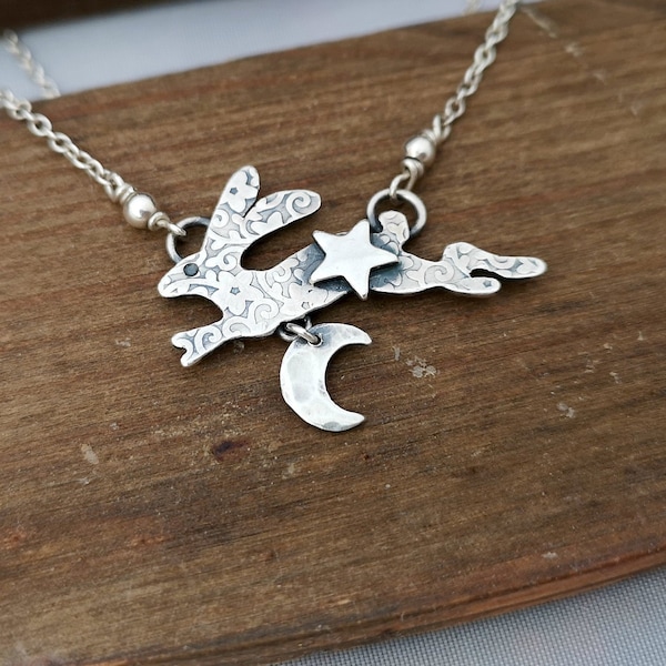 Silver Bunny Necklace, Leaping Hare Necklace, Silver Rabbit Necklace, Silver Running Hare Pendant, Silver Bunny and Moon Necklace