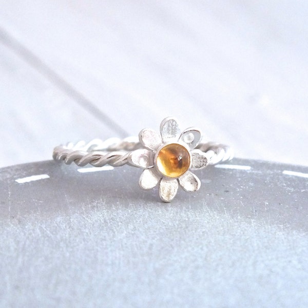 Daisy Ring, Sterling Silver Flower Ring, Citrine Daisy Ring, Textured Daisy Ring, 925 Flower Ring, Twist Silver Stacking Ring