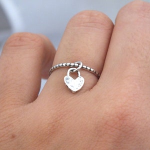 Sterling Silver Charm Ring, Silver Heart Ring, Heart Charm Ring, Silver Stacking Ring, Custom Ring, Hand Stamped Ring, Initial RIng