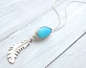 Sterling Silver Feather Necklace, Boho Silver Feather Necklace, Textured Silver Feather Pendant, Natural Turquoise Feather Necklace