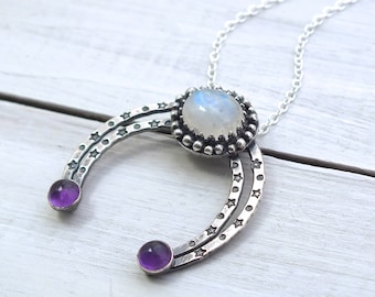 Sterling Silver Crescent Moon Gemstone Necklace, Boho Silver Moon Necklace, Moonstone Necklace, Half Moon Pendant