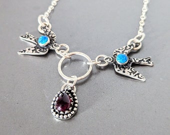 Silver Bird Necklace, Silver Swallow Necklace, Opal and Garnet necklace, Swallow Garnet Necklace, Flying Bird Necklace, Flying Swallow