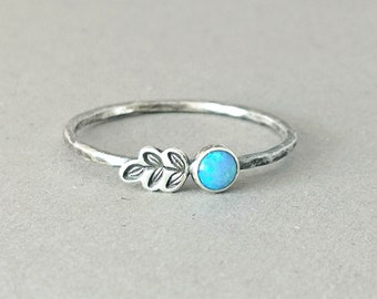 Opal Leaf Ring, Silver Opal Ring, Dainty Leaf Ring, Blue Opal Ring, October Birthstone Ring, Opal Stacking Ring, 925 Opal Ring