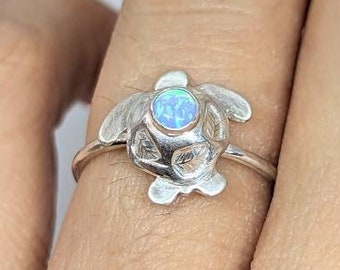 Opal Turtle Ring, Ocean Ring, Silver Sea Turtle Ring, Blue Opal Ring, Opal Jewellery, Opal Stacking Ring