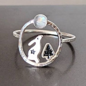 Hare Staring At Moon Ring, Silver Hare Ring, Silver Moon Ring, Minimalist Moon Ring, Moon and Hare Ring, Moonstone Ring