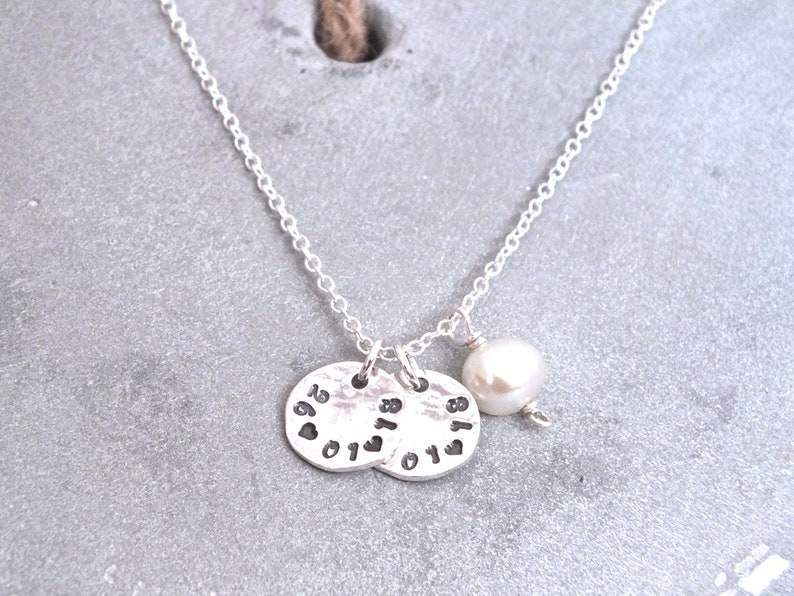 Personalised Disc Necklace, Hand Stamped Disc Necklace, Date Necklace, Sterling Silver Personalised Necklace, Pearl Necklace, Hammered Disc image 1