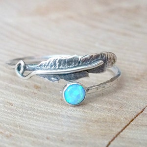 Sterling Silver Feather Stacking Ring, Opal Gemstone Ring, Silver Dainty Ring, Simple Silver Ring, Delicate Ring, Silver Opal Feather Ring image 1