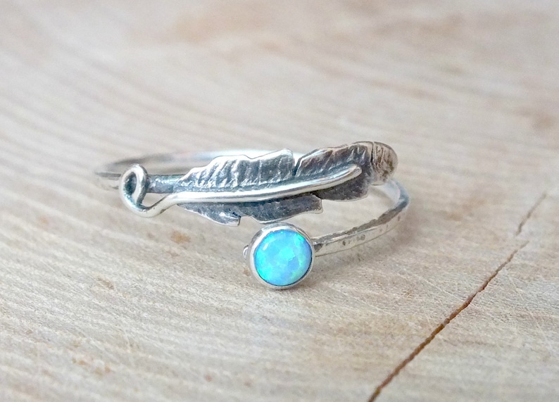 Sterling Silver Feather Stacking Ring, Opal Gemstone Ring, Silver Dainty Ring, Simple Silver Ring, Delicate Ring, Silver Opal Feather Ring image 1