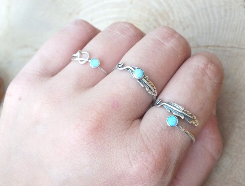 Sterling Silver Feather Stacking Ring, Opal Gemstone Ring, Silver Dainty Ring, Simple Silver Ring, Delicate Ring, Silver Opal Feather Ring image 2