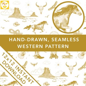 Toile de Jouy disegnato a mano Wild West Illustrativo Pattern PNG Giallo dorato Deserto Western Matrimonio Tema Retro Carta digitale Country Decor