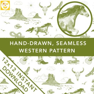 Toile de Jouy disegnato a mano Wild West Illustrativo Pattern PNG Verde oliva Deserto Western Matrimonio Tema Retro Carta digitale Country Decor