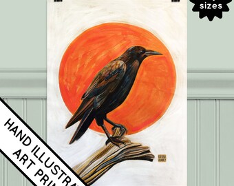 Raven Illustrated Print, Orange Halloween Decor (Digital Print)