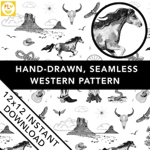 Toile de Jouy disegnato a mano Wild West modello illustrativo PNG bianco e nero tema matrimonio deserto occidentale retro carta digitale decorazione