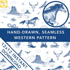 Handgezeichnete Toile de Jouy Wilder Westen Muster PNG Blau Retro Digital Papier Handwerk Cowgirl Cowboy Einladungen Boot Pferd Blume