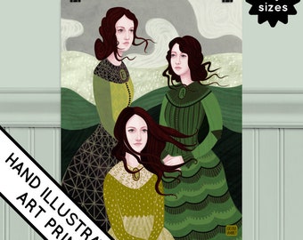 Brönte Sisters Illustrated Art Print, Victorian Literature (Digital Print)