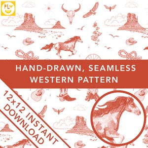 Handgezeichnetes Toile de Jouy Wilder Westen Muster PNG Retro Digitales Papier Basteln Cowboy Dekor Wüste Tapete Pferd Blume