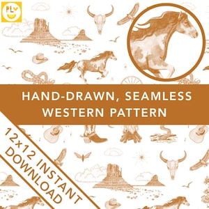 Handgezeichnetes Toile de Jouy Wilder Westen Illustrierendes Muster PNG Retro Digitales Papier Basteln Cowgirl Cowboy Wüste Kinderzimmer Dekoration