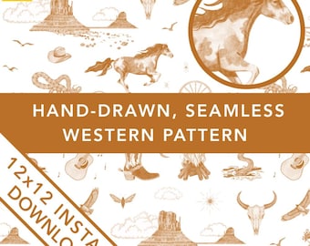 Hand-Drawn Toile de Jouy Wild West Pattern: Retro Cowboy Design (PNG)