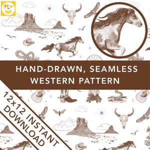 Handgezeichnete Toile de Jouy Wilder Westen Muster PNG Dunkelbraun Retro Digitales Papier Handwerk Cowgirl Cowboy Dekor Natur Pferd Blume