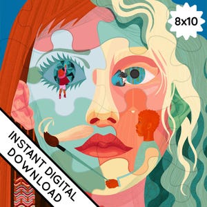 Retrato ilustrativo con colores maximalistas, descarga instantánea, regalo artístico para imprimir en casa de 8 x 10, póster de trabajo en equipo, decoraciones para el aula con arcoíris