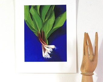 Giclee print of wild ramps from original oil painting. Kitchen art. Local food from farmer's market. Royal blue, green and magenta.