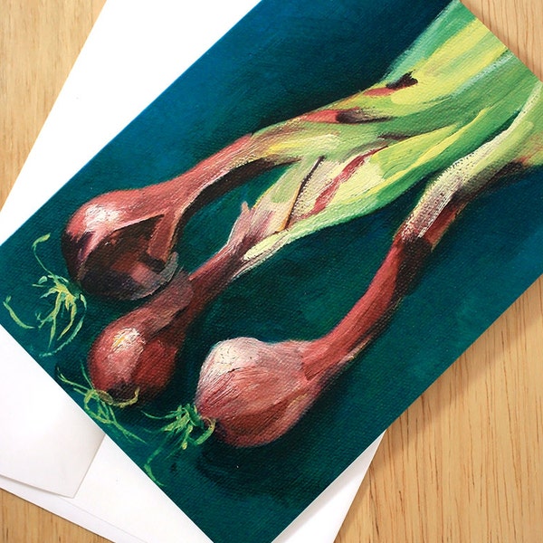 Blank greeting card featuring organic early red onions. Local food. Farmers market. Art from original oil painting. Magenta, teal, green.