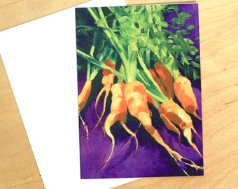 Blank greeting card featuring heirloom carrots. Local food. Farmers market. Art from original oil painting. Vegetables