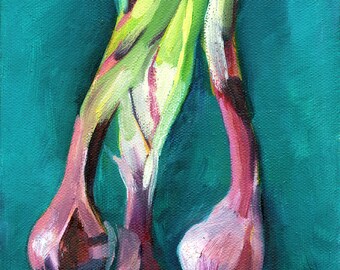 Giclee print of red onions from original oil painting. Kitchen art. Local food from farmer's market. Teal, green and magenta.