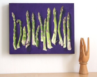 Realist oil Painting of Asparagus. Farmers market organic local food. Kitchen art. Vegetables. Green, purple, white. Ready to hang.