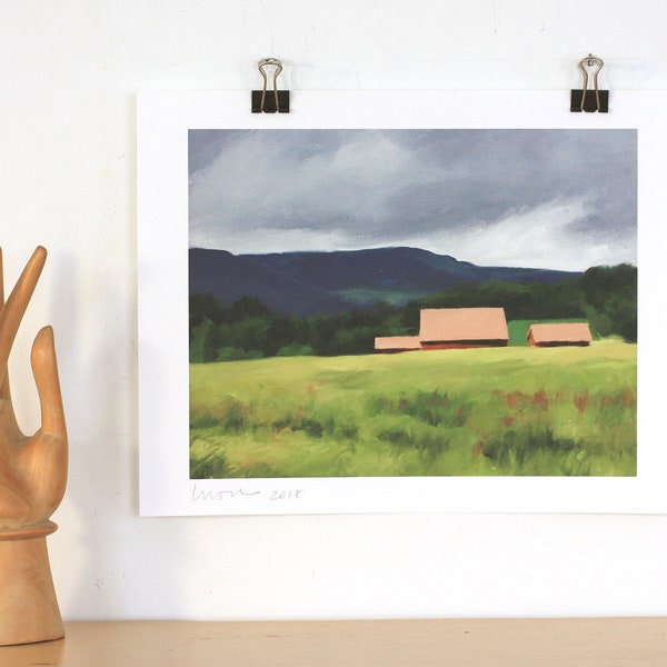 Giclee print of red barns with passing summer storm. From original oil painting. copper blue green grey