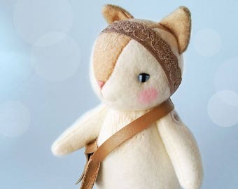 Cute White Kitty Cat Felt Doll, Japanese Kawaii Inspired Collectible Neko Cat Doll, Felt Animal Doll for Cat Lovers