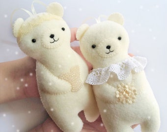 FREE SHIPPING Set of 2 Felt Polar Bear Ornaments for Shabby Chic Winter Home Decoration