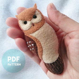 PDF Pattern of Mini Brown Horned Owl Felt Brooch Ornament Soft Toy, Felt Animal Pattern and Tutorial, Handmade Owl Gift, Owl Jewelry