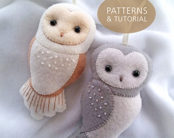 Set of Two Felt Owl Ornaments PDF Patterns and Tutorial Set, DIY Felt Barn Owl and Grey Owl Ornaments for Home and Nursery Decor