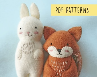 Woodland Animals Felt Fox and Rabbit Ornaments Plush Soft Baby Toys PDF Pattern, Felt Animals Easy Sewing Patterns Set Nursery Decoration