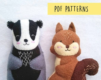 Woodland Animals Felt Badger and Squirrel Plush Soft Baby Toys PDF Pattern, Felt Animals Sewing Patterns Set for Baby and Nursery Decoration