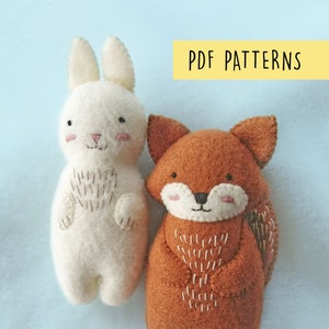 Woodland Animals Felt Fox and Rabbit Ornaments Plush Soft Baby Toys PDF Pattern, Felt Animals Easy Sewing Patterns Set Nursery Decoration image 1