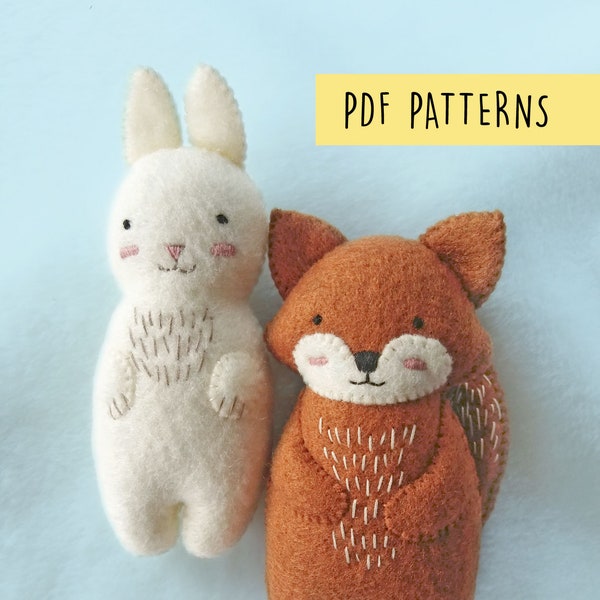 Woodland Animals Felt Fox and Rabbit Ornaments Plush Soft Baby Toys PDF Pattern, Felt Animals Easy Sewing Patterns Set Nursery Decoration