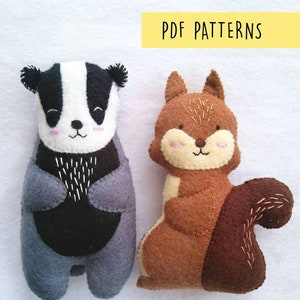 Woodland Animals Felt Badger and Squirrel Plush Soft Baby Toys PDF Pattern, Felt Animals Sewing Patterns Set for Baby and Nursery Decoration