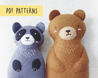 May include: PDF patterns for sewing a brown bear and a gray raccoon plush toy. The bear has a stitched smile and pink cheeks. The raccoon has black eyes and a stitched nose.