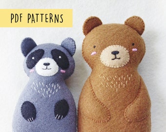 Animaux des bois feutre Softie bébé jouets patrons de couture PDF, ours et raton laveur ornements amis des bois peluches pour décor de pépinière