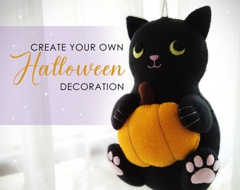 Halloween Black Cat with Pumpkin Felt Ornament PDF Pattern and Tutorial, Black Kitty Hanging Mobile Plush for Autumn Decor