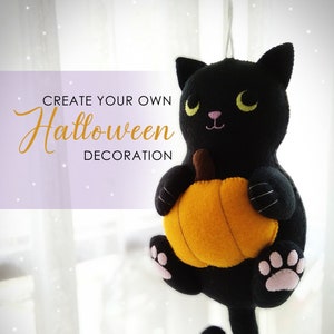 Halloween Black Cat with Pumpkin Felt Ornament PDF Pattern and Tutorial, Black Kitty Hanging Mobile Plush for Autumn Decor